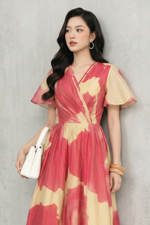 Sixdo Beige &amp; Pink Organza Flared Dress